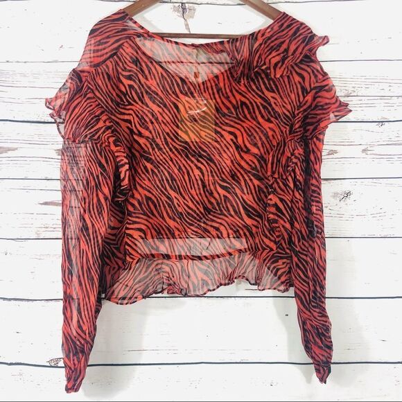 Revolve Stevie May Walk On By Sheer Tiger Print Ruffle Blouse L - Picture 6 of 10